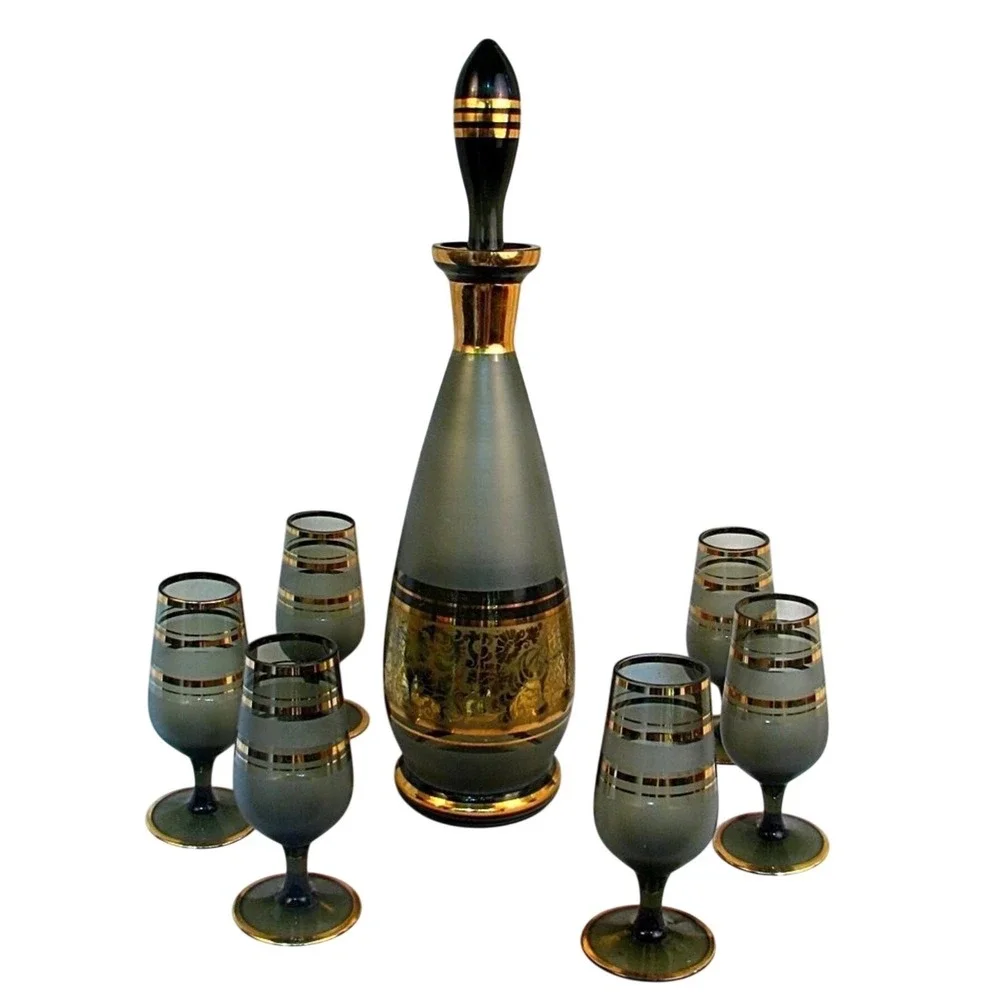 Vintage‎ Smoky Gray Gold Decanter Set 6 Cordial Glasses MCM Hollywood Regency